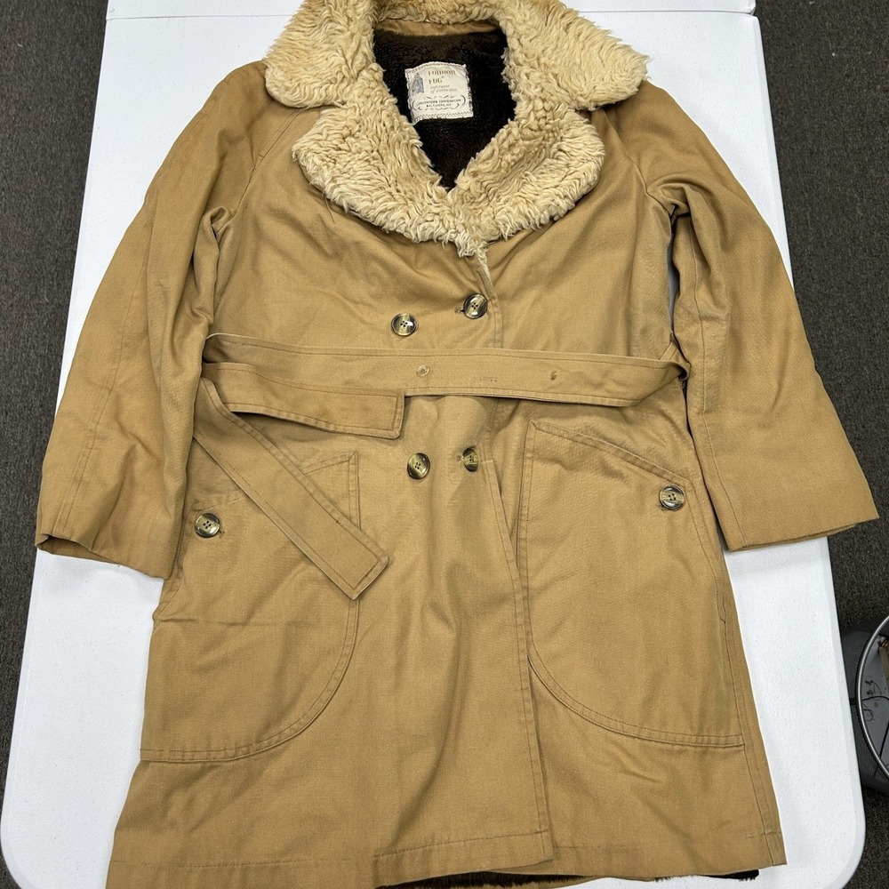 London Fog Trench Coat Mens M Tan Faux Fur Lined Borg Collar Belted Vintage